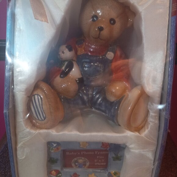 Blue Jean Teddy Bear Baby Boy Ceramic Coin Piggy Bank & Picture Frame Set - Picture 1 of 13